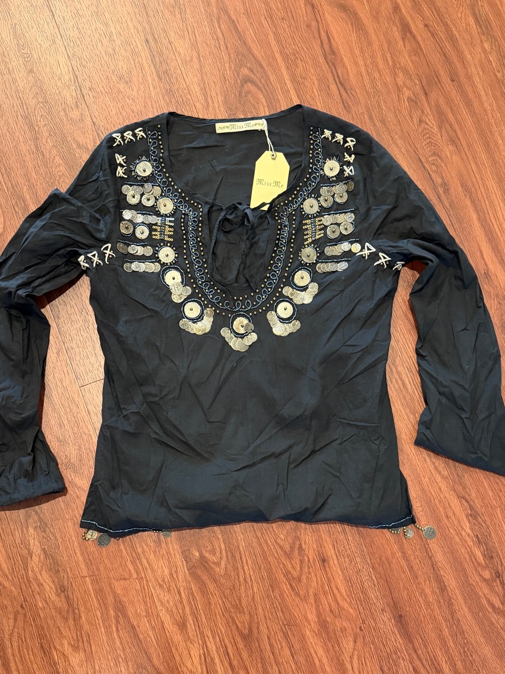 NWT Miss Me Black Long-Sleeve Boho Tunic with Metallic Coin Embellishment size M